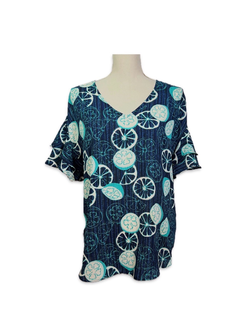 Apt. 9 V-Neck Fruit Print Blouse M Navy Aqua White Ruffle Sleeve Top